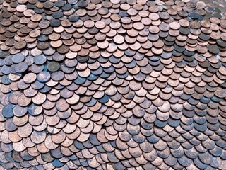 Euro cent copper coins scale texture selected blur focus background