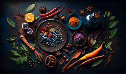 An array of aromatic spices on a dark backdrop, showcasing their vibrant colors and textures