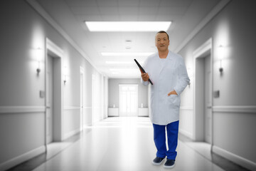 Portrait of senior doctor standing on corridor. 3D illustration image.