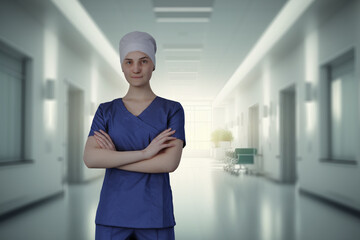 Portrait of surgical doctor standing in hospital corridor. 3D illustration image.