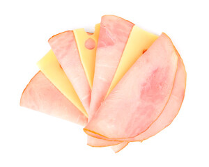 Tasty slices of ham and cheese isolated on white background