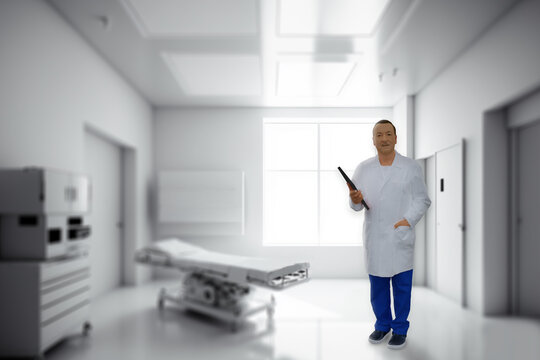 Portrait of senior doctor standing in patient room. 3D illustration image.
