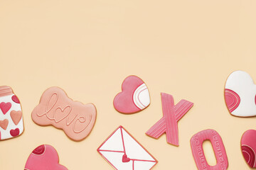 Composition with different sweet cookies for Valentine's Day celebration on color background