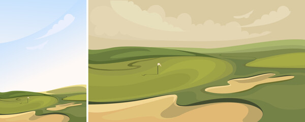 Classic golf course. Outdoor sport location in different formats.
