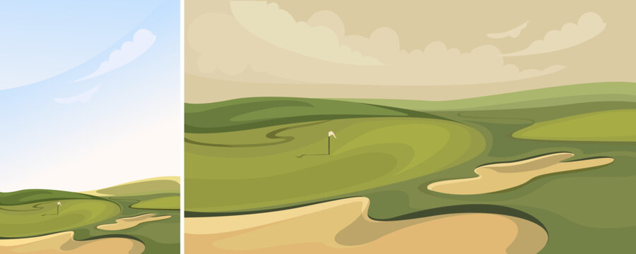 Classic golf course. Outdoor sport location in different formats.