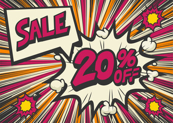 20 Percent OFF Discount on a Comics style bang shape background. Pop art comic discount promotion banners.	