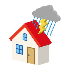 シンプルな立体感のある住宅と災害のイラスト　豪雨