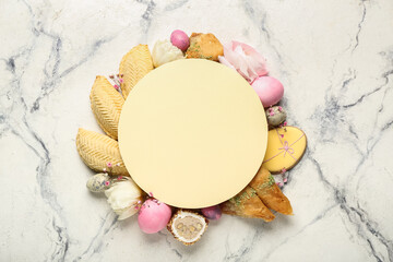 Blank card with flowers, eggs and treats on grunge background. Novruz Bayram celebration