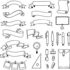 Set of vintage doodle envelope, ribbons, pen, pencils, stationary. Collection of retro labels, banners and logo elements. Vector illustration.