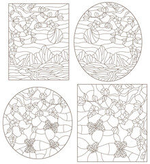 A set of contour illustrations of stained glass Windows with landscapes, flowering branches against the background of mountains and sky, dark outlines on a white background