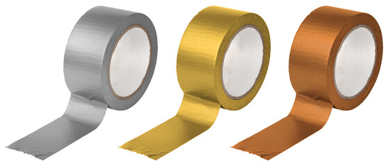Duct tape rolls metallic gold, silver, bronze color, quick repair reels isolated