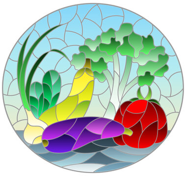 An illustration in the style of a stained glass window with a composition of ripe fresh vegetables on a table on a blue background, oval image