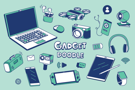 Gadget equipment in color doodle styles. Hand drawing styles for electronic items.