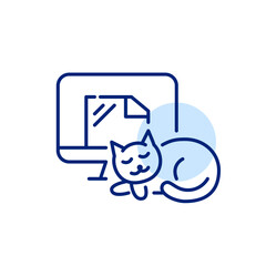 Working from home. Cat lying next to desktop PC monitor. Pixel perfect, editable stroke line icon