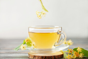 Glass teacup of green tea and linden flowers on wooden background. Herbal hot drink