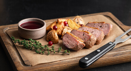 Duck breast steak with potatoes and berry sauce