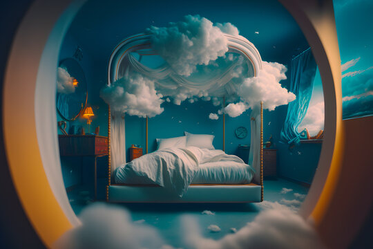 Cozy Large Double-steel Bed With Soft White Fluffy Linen And Filler Like Clouds Are Shrouded In A Bedroom. The Concept Of Sweet Sound Sleep At Home. Generative AI