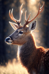 Fototapeta premium Deer, forest background at sunset bokeh