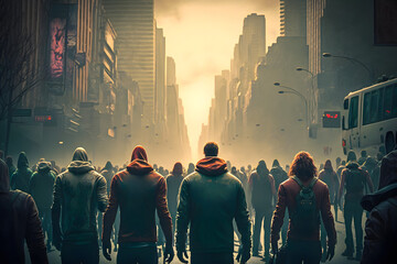 Crowds of people on the street of a million-plus metropolis look into the distance. Generative AI