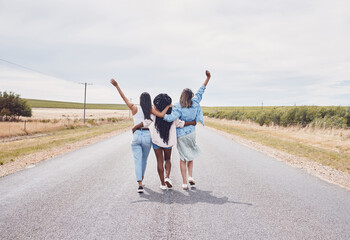 Girl friends, road trip celebration and walking of girls back on a vacation adventure with mockup....