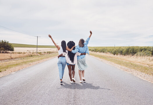 Girl friends, road trip celebration and walking of girls back on a vacation adventure with mockup. Countryside, travel and holiday freedom of women together on walk break in summer feeling free