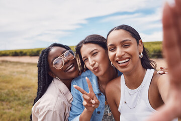 Fototapeta premium Peace sign, friends and selfie with women in nature for social media, bonding and summer break. Smile, diversity and happiness with portrait of girl in outdoor park for adventure, freedom and youth