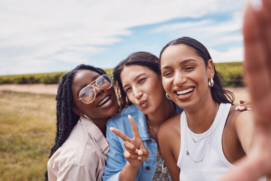 Peace sign, friends and selfie with women in nature for social media, bonding and summer break. Smile, diversity and happiness with portrait of girl in outdoor park for adventure, freedom and youth
