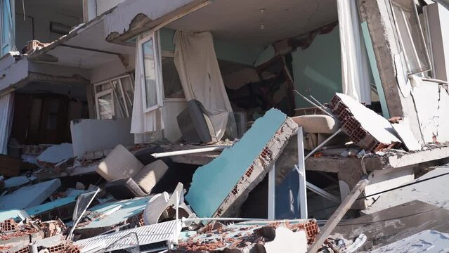 The house collapsed in the earthquake, the window and walls of which were destroyed.
Demolished building unsuitable for earthquake. People under the rubble. Turkey Earthquake &ndash; Hatay - 6 February 2023