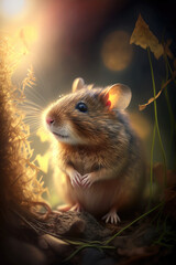 Cute mouse in the sunset on blured background