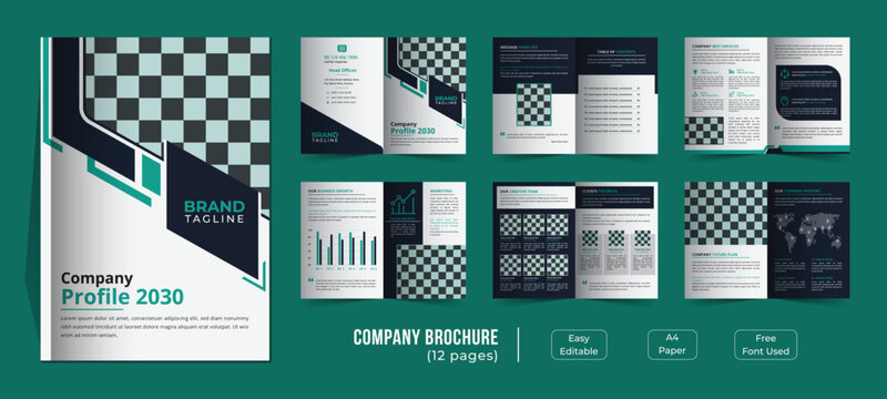 12 pages company profile template design, Bifold business company brochure template design, A4 brochure template