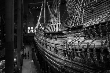 Vasa - old wooden Swedish warship sank on 10 August 1628. Salvaged in 1961. Main attraction of Vasa Museum in Stockholm, Sweden. Black and white image. © pyty