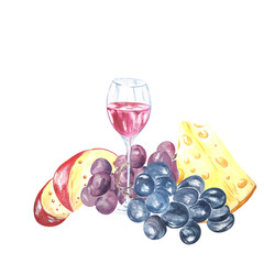 Watercolor wine composition of cheese, wine, grapes and figs. Raster Can be used on postcards, product advertisements, napkins.