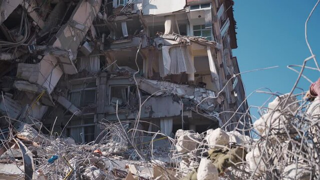 Dangerous structures. Building destroyed in earthquake.
Bins rendered unusable after heavy damage. Debris pile. Turkey Earthquake &ndash; Hatay - 6 February 2023.
