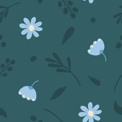 Fototapeta na wymiar Floral seamless pattern in blue shades. Falling flowers allover print. Fashion raster endless background