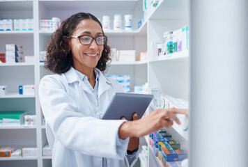 Tablet, senior woman and pharmacist stock check in pharmacy for healthcare medicine in drugstore....