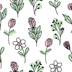 Seamless pattern with the image of spring flowers highlighted on a white background. Vector illustration