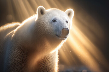 Obraz na płótnie Canvas Polar bear with sun rays, bokeh background, arctic, amazing