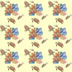 Watercolor pattern with sea plants, turtles and fish. It can be used as a separate work, on wallpaper, banners, in various compositions.