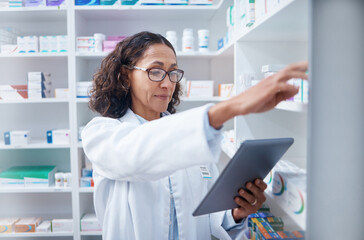 Senior woman, tablet and pharmacist stock check in pharmacy for healthcare medicine in drugstore....