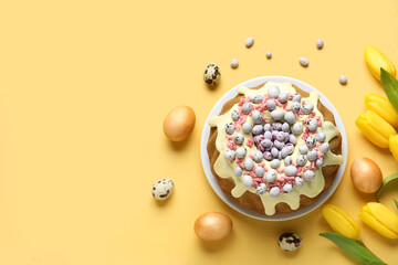 Composition with sweet Easter cake, eggs and tulip flowers on color background