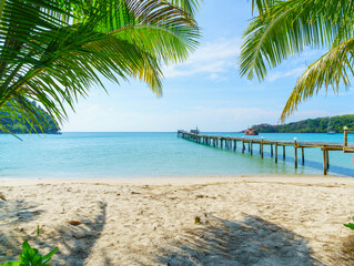 Beautiful beach with wooden jetty and green palm tree in Koh Kood island at Trat Thailand. blue sea and sky background