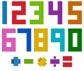 Colorful toy building blocks numbers and mathematic operation symbols 3d top view isolated