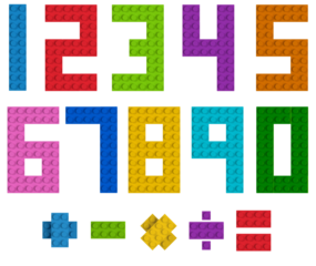 Colorful toy building blocks numbers and mathematic operation symbols 3d top view isolated