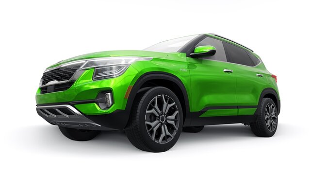 Dallas, USA. January 30, 2023. KIA Seltos 2021. Green compact-size SUV for family and work on a white background. 3d illustration.