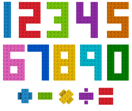 Colorful toy building blocks numbers and mathematic operation symbols 3d top view isolated