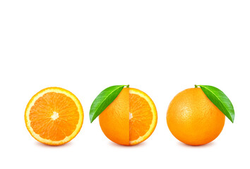Orange with cut in half and green leaves isolated on white background.