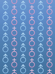 Seamless gender icons isolated on blue background. Male and female swiping each other, make friends and dating online. Intimate relationship illustration.