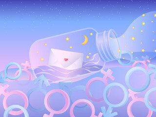 A love letter in bottle float on water. Gender icons float in sea. Valentient's Day illustration.