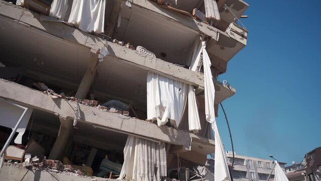 Images of the building destroyed after the earthquake.
A sagging building with collapsed walls.
Earthquake-proof building. Great Turkey earthquake. Turkey Earthquake – Hatay - 6 February 2023.
