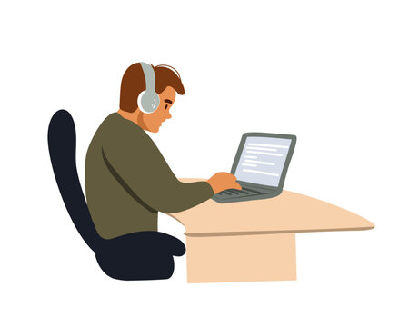 A man in headphones works at a laptop, at a table. Flat vector illustration